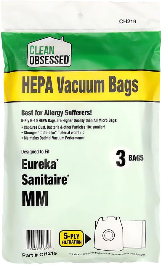 CLEAN OBSESSED H-10 HEPA VACUUM BAGS TYPE MM BAGS FITS EUREKA MIGHTY MITE MODELS 3670, 3680 & SANITAIRE MODELS S3680 & 3680, PACK OF 3