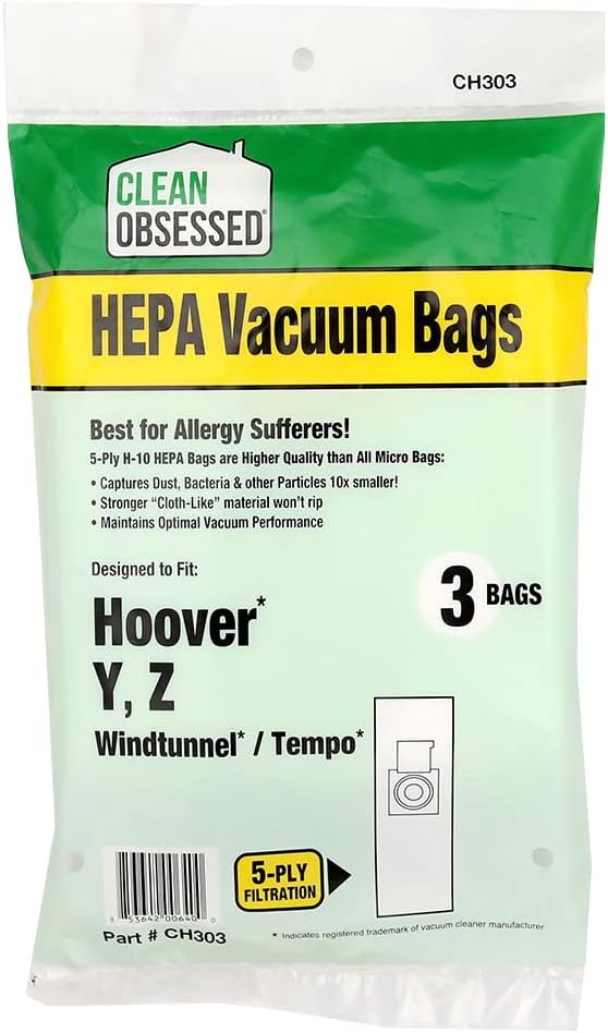 CLEAN OBSESSED H-10 HEPA VACUUM BAGS FITS HOOVER TYPE Y, Z WINDTUNNEL & TEMPO, PACK OF 3