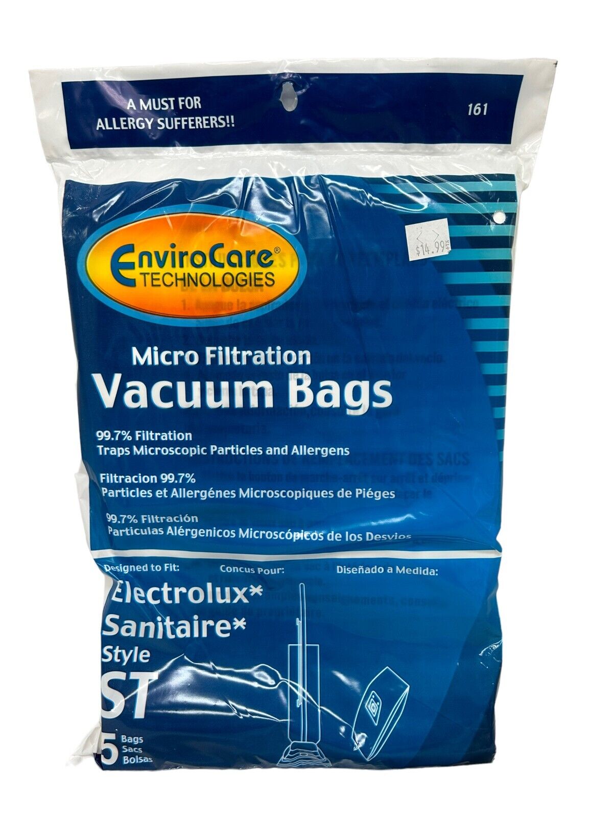 ENVIROCARE REPLACEMENT MICRO FILTRATION VACUUM BAGS FOR ELECTROLUX SANITAIRE STYLE ST, PACK OF 5