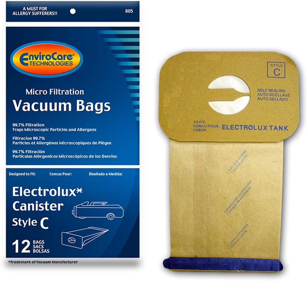 ENVIROCARE MICRO FILTRATION VACUUM CLEANER DUST BAGS MADE TO ELECTROLUX CANISTERS STYLE C, PACK OF 12