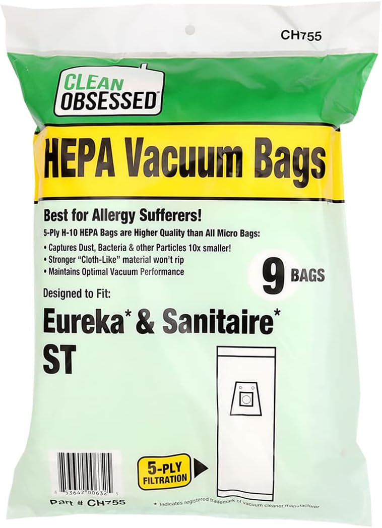 CLEAN OBSESSED H-10 HEPA VACUUM BAGS FITS EUREKA & SANITAIRE TYPE ST, PACK OF 9