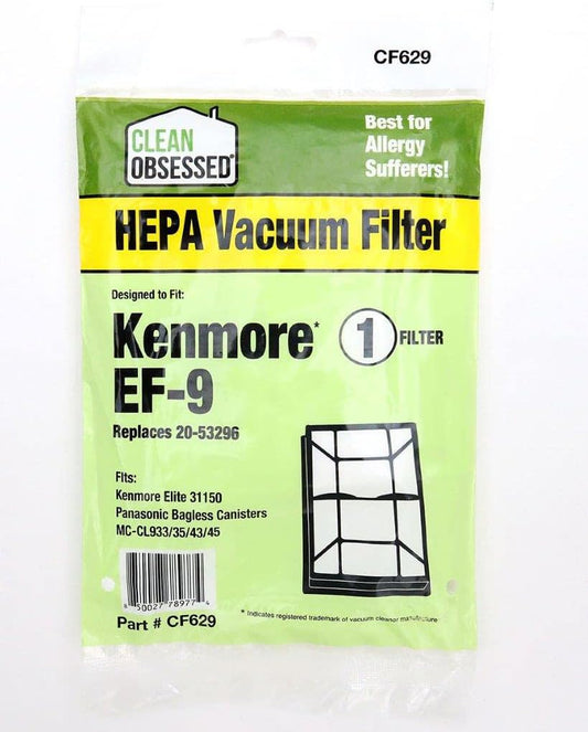 CLEAN OBSESSED REPLACEMENT HEPA VACUUM FILTER FOR KENMORE EF-9, REPLACES 20-53296, FITS KENMORE ELITE 31150, PANASONIC BAGLESS CANISTERS MC-CL933/35/43/45