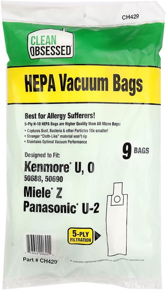 CLEAN OBSESSED H-10 HEPA VACUUM BAGS FITS KENMORE U, O 50688, 50690, MIELE Z & PANASONIC U-2, PACK OF 9