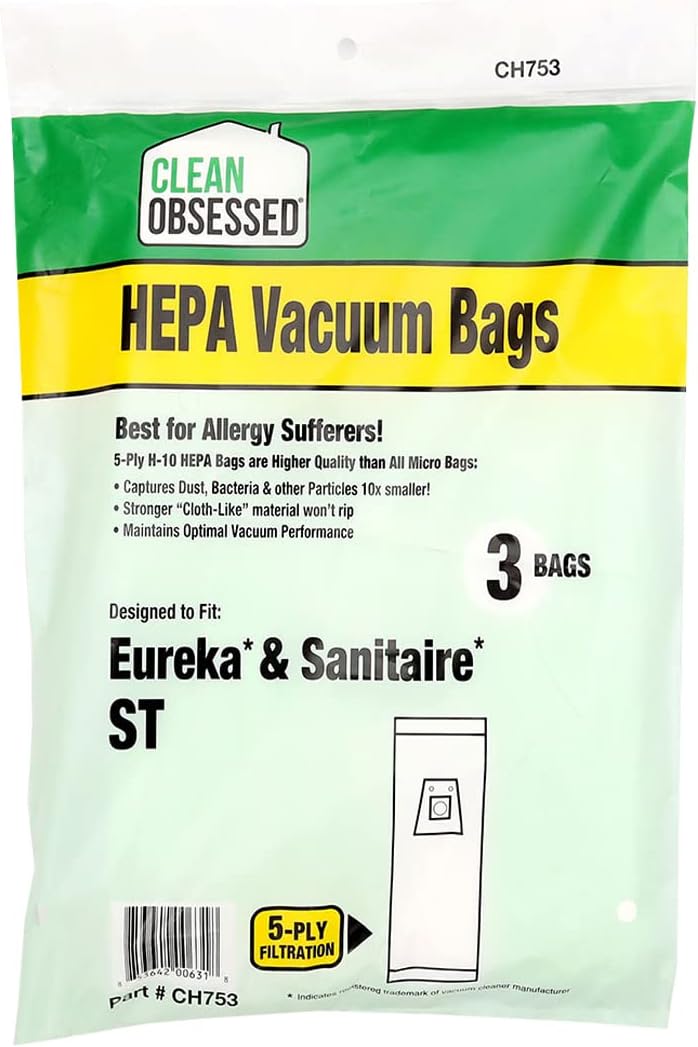 CLEAN OBSESSED H-10 HEPA VACUUM BAGS FITS EUREKA & SANITAIRE TYPE ST, PACK OF 3