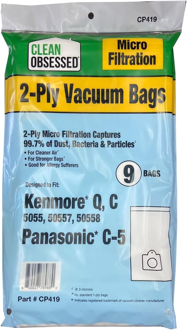 CLEAN OBSESSED MICRO FILTRATION VACUUM BAGS FITS KENMORE CANISTER C/Q 50555, 50557, 50558 & PANASONIC TYPE C-5, PACK OF 9