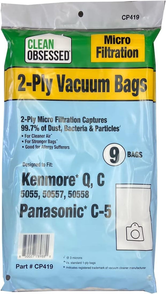 CLEAN OBSESSED MICRO FILTRATION VACUUM BAGS FITS KENMORE CANISTER C/Q 50555, 50557, 50558 & PANASONIC TYPE C-5, PACK OF 9