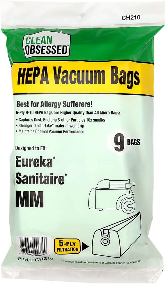 CLEAN OBSESSED H-10 HEPA VACUUM BAGS TYPE MM BAGS FOR EUREKA MIGHTY MITE MODELS 3670, 3680 & SANITAIRE MODELS S3680 & 3680, PACK OF 9