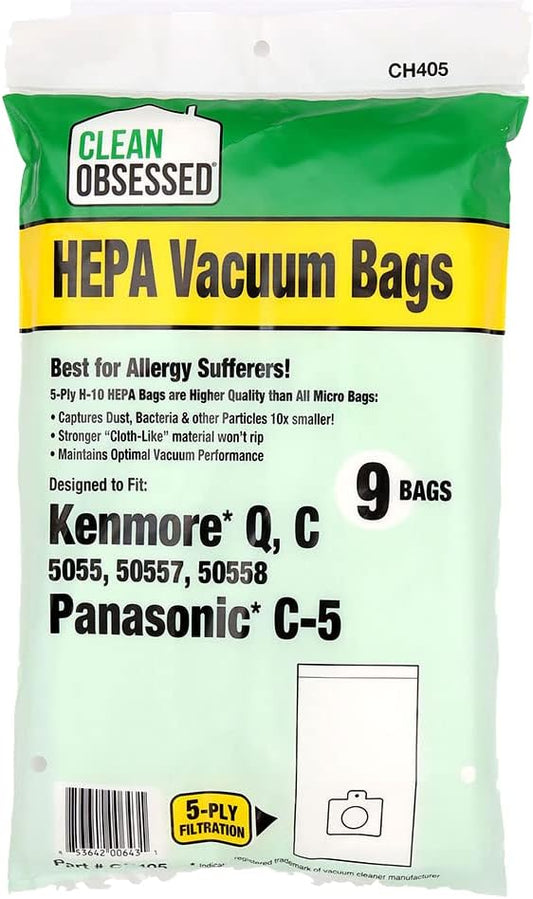 CLEAN OBSESSED REPLACEMENT H-10 HEPA VACUUM BAGS FOR KENMORE CANISTER C/Q 50555, 50557, 50558 & PANASONIC TYPE C-5, PACK OF 9
