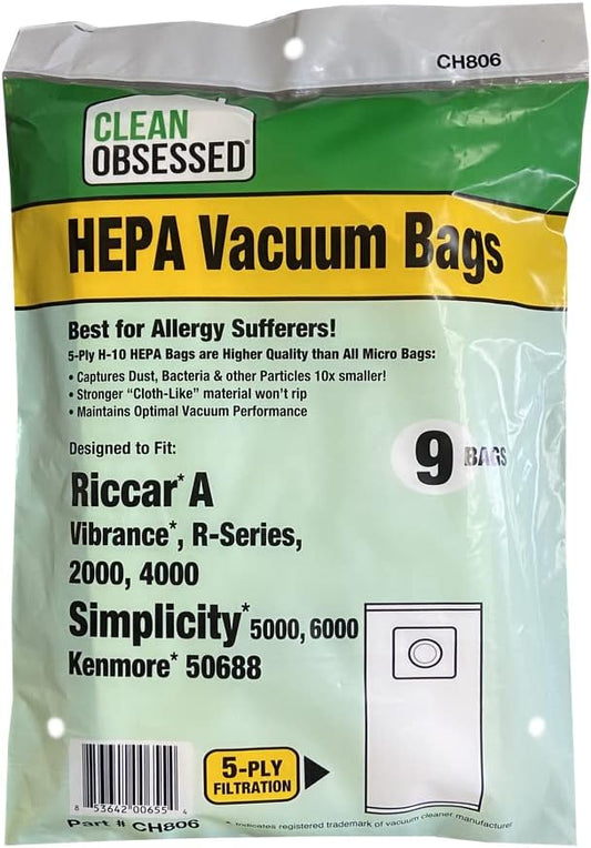 CLEAN OBSESSED H-10 HEPA VACUUM BAGS FITS RICCAR A - VIBRANCE, R-SERIES 2000, 4000, SIMPLICITY 5000, 6000 & KENMORE 50688, PACK OF 9