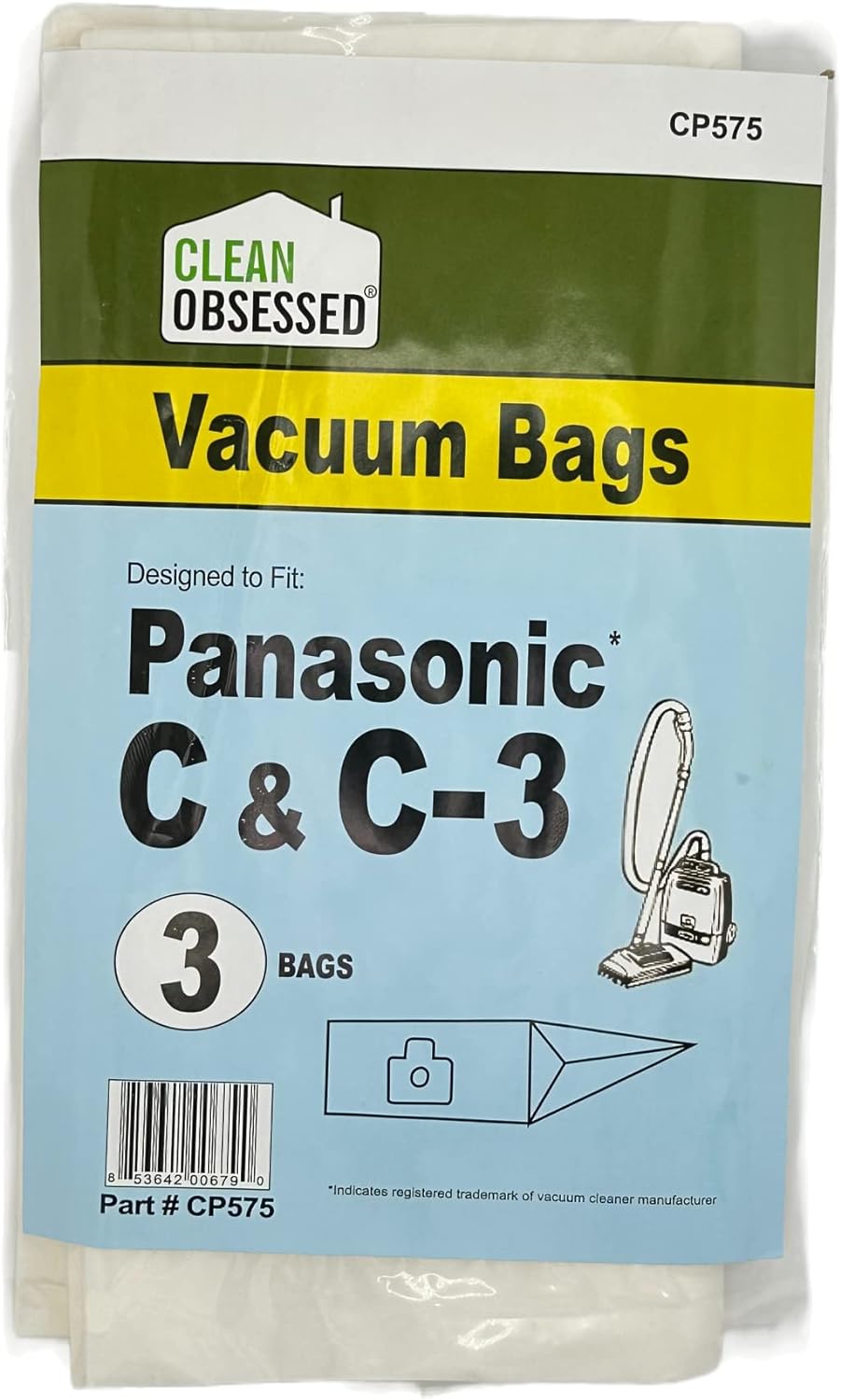 CLEAN OBSESSED REPLACEMENT MICRO PAPER VACUUM BAGS FOR PANASONIC TYPE C, C-3, PACK OF 3