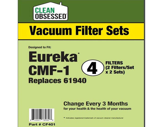 CLEAN OBSESSED REPLACEMENT VACUUM FILTER SETS FOR EUREKA CMF-1, REPLACES 61940, PACK OF 4