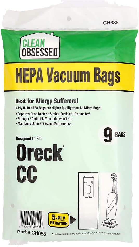 CLEAN OBSESSED H-10 HEPA VACUUM BAGS FITS ORECK TYPE CC UPRIGHT VACUUM CLEANERS, PACK OF 9