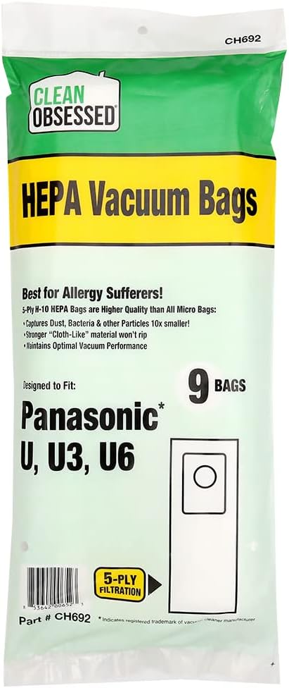 CLEAN OBSESSED H-10 HEPA BAGS FITS PANASONIC U, U3, U6, PACK OF 9