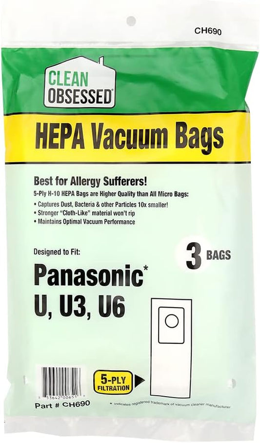 CLEAN OBSESSED H-10 HEPA VACUUM BAGS FITS PANASONIC U, U3, U6, PACK OF 3