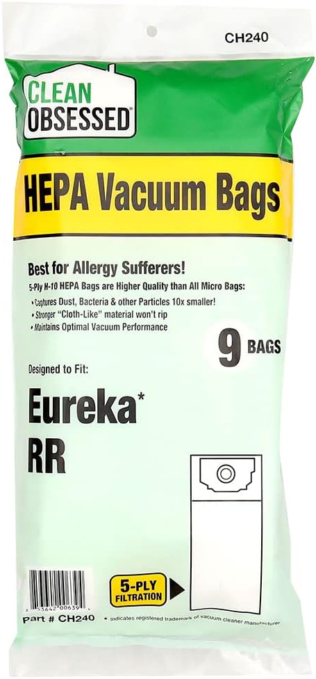 CLEAN OBSESSED H-10 HEPA BAGS TYPE EUREKA RR BAGS FITS 4800 SERIES, PACK OF 9