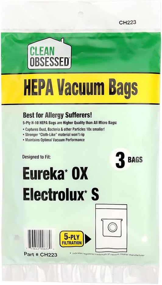 CLEAN OBSESSED H-10 HEPA VACUUM BAGS FITS EUREKA OX & ELECTROLUX S, PACK OF 3