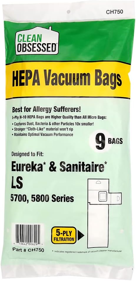 CLEAN OBSESSED H-10 HEPA BAGS FITS EUREKA & SANITAIRE LS 5700, 5800 SERIES, PACK OF 9