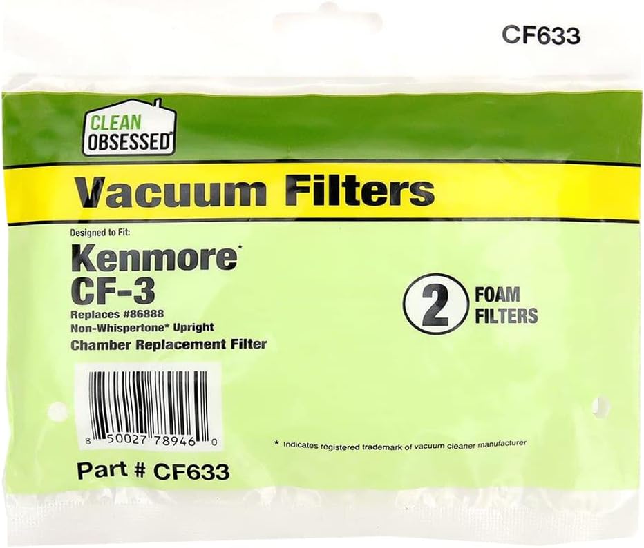 CLEAN OBSESSED REPLACEMENT VACUUM FILTER FOR KENMORE CF-3, REPLACES #86888, FITS NON-WHISPERTONE UPRIGHT, PACK OF 2