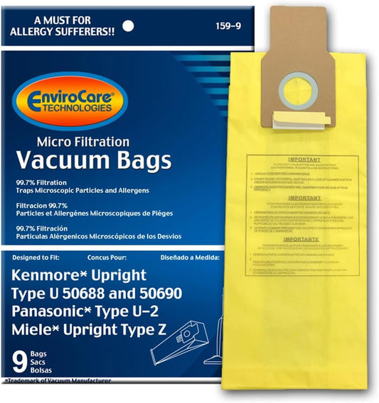 ENVIROCARE MICRO FILTRATION VACUUM CLEANER DUST BAGS MADE TO FIT KENMORE UPRIGHT TYPE U/L/O 50688 & 50690, PANASONIC TYPE U-2, MIELE TYPE Z, PACK OF 9
