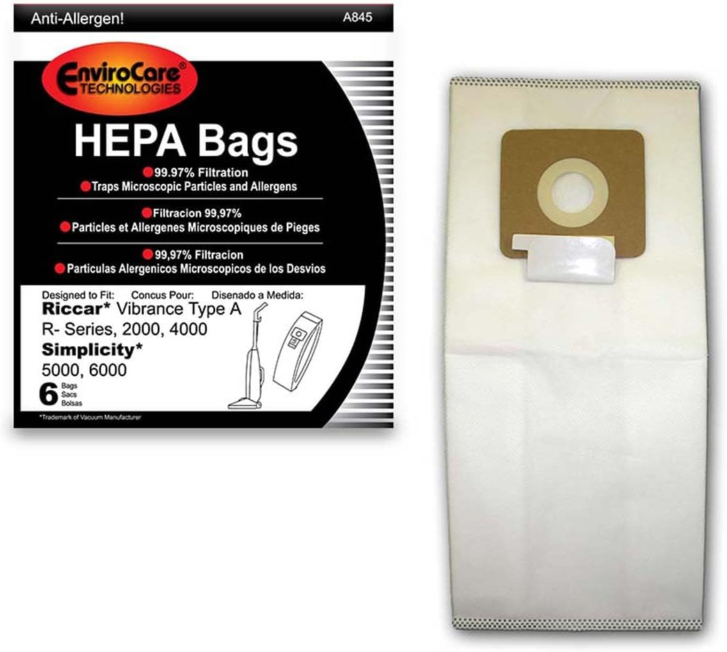 ENVIROCARE HEPA FILTRATION VACUUM CLEANER DUST BAGS FOR RICCAR VIBRANCE TYPE A R-SERIES, 2000, 4000, SIMPLICITY 5000, 6000, PACK OF 6
