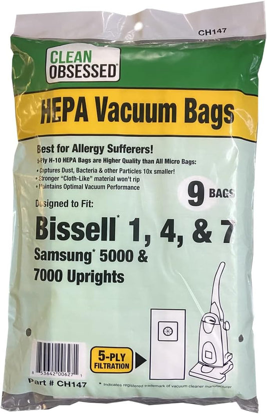 CLEAN OBSESSED H-10 HEPA VACUUM BAGS FITS BISSELL STYLE 1, 4, & 7, ALSO FITS SAMSUNG 5000 & 7000 UPRIGHTS, PACK OF 9