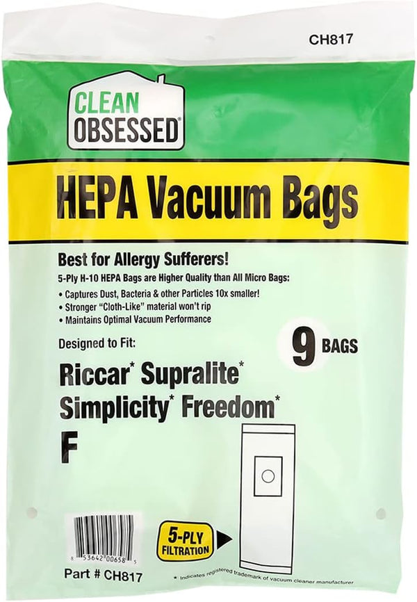 CLEAN OBSESSED H-10 HEPA BAGS FITS RICCAR SUPRALITE & SIMPLICITY FREEDOM TYPE F, PACK OF 9