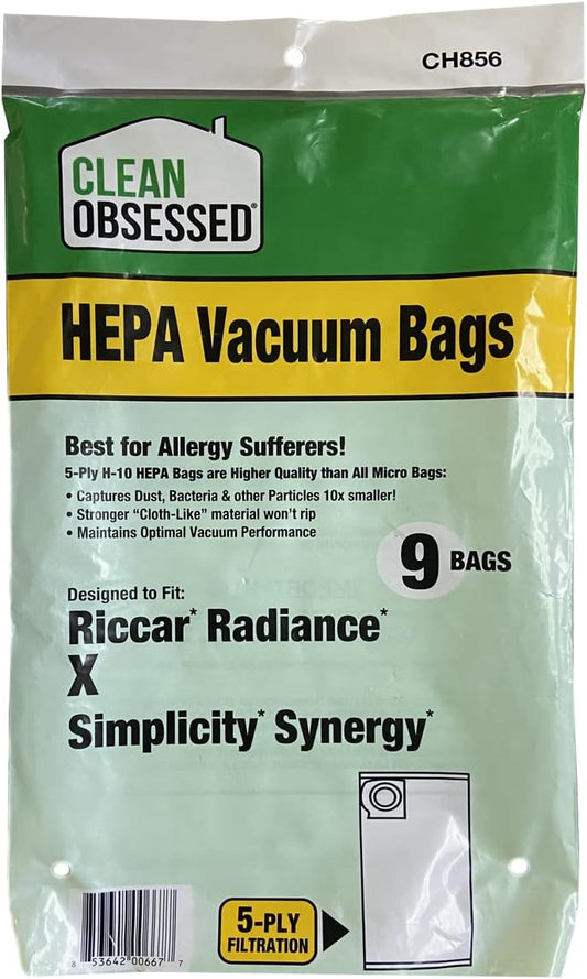 CLEAN OBSESSED H-10 HEPA VACUUM BAGS FITS RICCAR RADIANCE X & SIMPLICITY SYNERGY, PACK OF 9