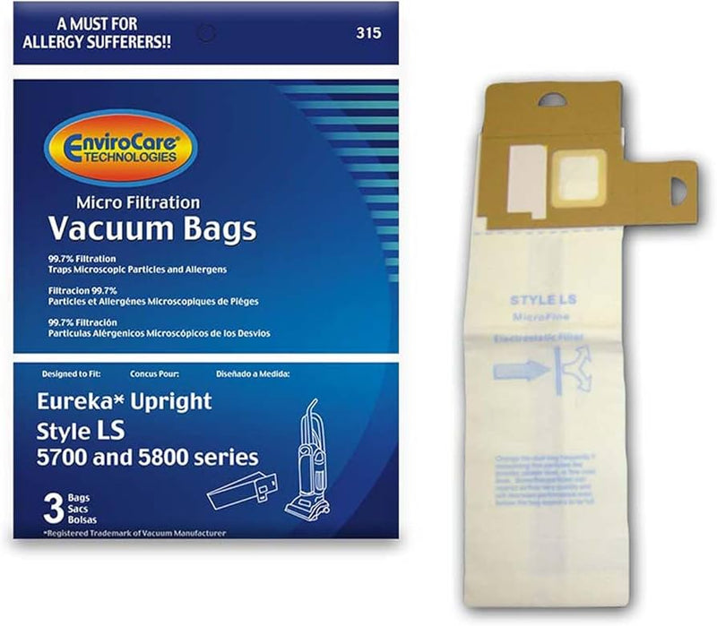 ENVIROCARE REPLACEMENT MICRO FILTRATION VACUUM CLEANER DUST BAGS DESIGNED TO FIT EUREKA STYLE LS UPRIGHTS, PACK OF 3