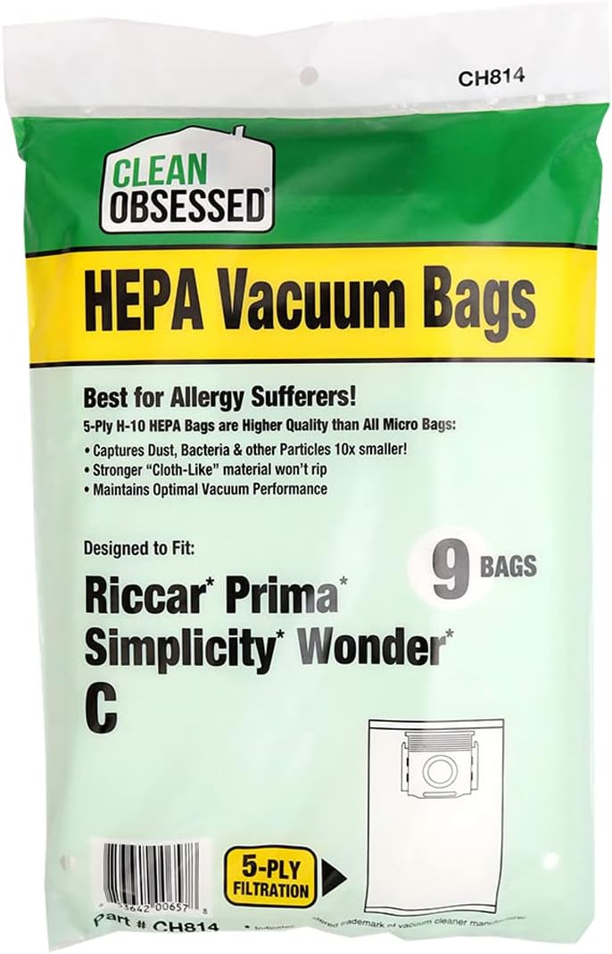 CLEAN OBSESSED H-10 HEPA VACUUM BAGS FITS RICCAR PRIMA AND SIMPLICITY WONDER TYPE C, PACK OF 9