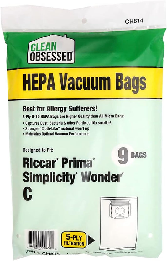 CLEAN OBSESSED H-10 HEPA VACUUM BAGS FITS RICCAR PRIMA AND SIMPLICITY WONDER TYPE C, PACK OF 9