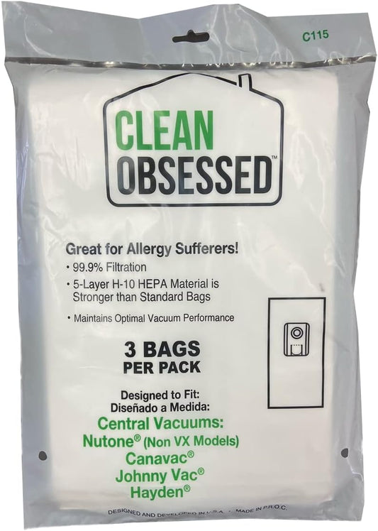 CLEAN OBSESSED H-10 REPLACEMENT VACUUM BAGS FOR NUTONE, CANAVAC, JOHNNY VAC & HAYDEN CENTRAL VACUUMS, PACK OF 3