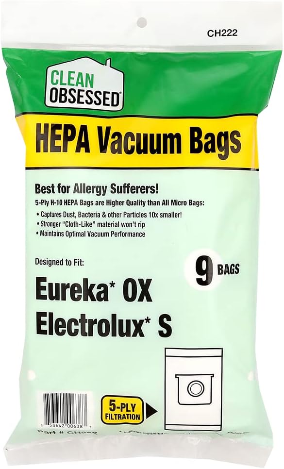 CLEAN OBSESSED H-10 HEPA VACUUM BAGS FITS EUREKA OX & ELECTROLUX S, PACK OF 9