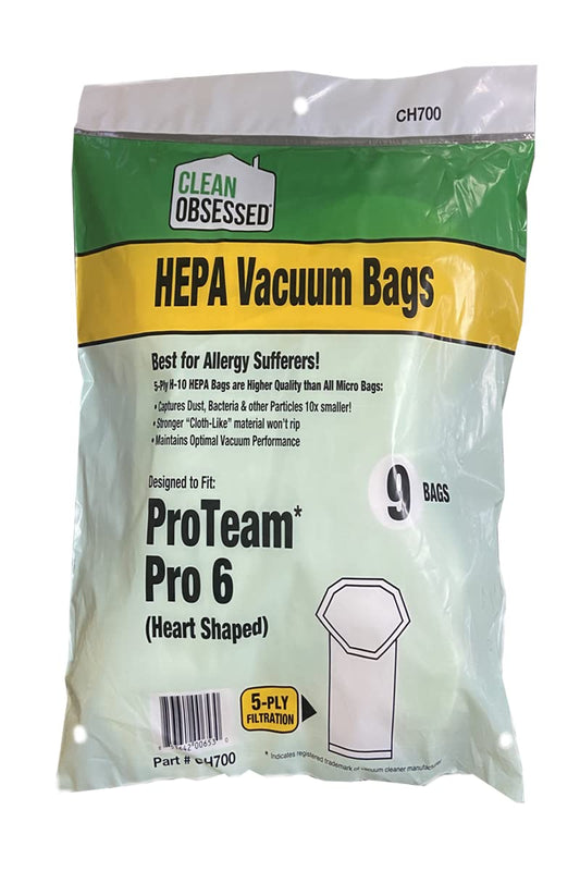 CLEAN OBSESSED H-10 HEPA VACUUM BAGS FITS PROTEAM SUPER COACH PRO 6, GOFREE FLEX PRO AND PROVAC FS 6, PACK OF 9