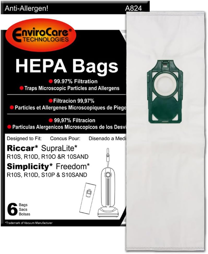 ENVIROCARE HEPA VACUUM CLEANER BAGS FOR RICCAR SUPRALITE AND SIMPLICITY FREEDOM WITH GREEN BAG HOLDER, PACK OF 6