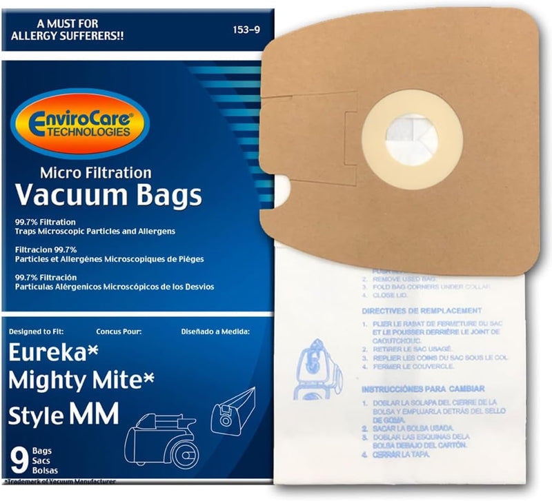 ENVIROCARE MICRO FILTRATION VACUUM BAGS MADE TO FIT EUREKA STYLE MM EUREKA MIGHTY MITE 3670 AND 3680 SERIES CANISTERS, PACK OF 9