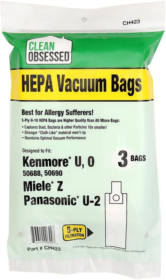 CLEAN OBSESSED H-10 HEPA VACUUM BAGS FITS KENMORE U, O 50688, 50690, MIELE Z & PANASONIC U-2, PACK OF 3