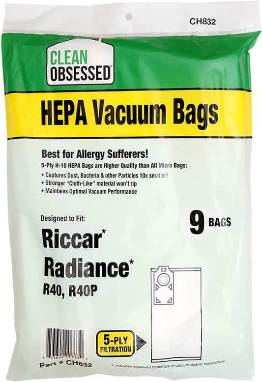 CLEAN OBSESSED H-10 HEPA VACUUM BAGS FITS RICCAR RADIANCE TYPE R40, R40P SERIES, PACK OF 9