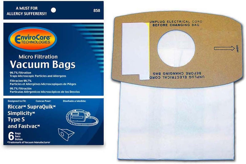 ENVIROCARE MICRO FILTRATION VACUUM CLEANER DUST BAGS FOR RICCAR SUPRAQUIK AND SIMPLICITY TYPE S AND FASTVAC, PACK OF 6