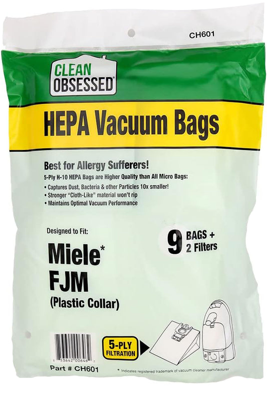 CLEAN OBSESSED H-10 HEPA VACUUM BAGS TYPE MIELE FJM, 9 BAGS + 2 FILTERS