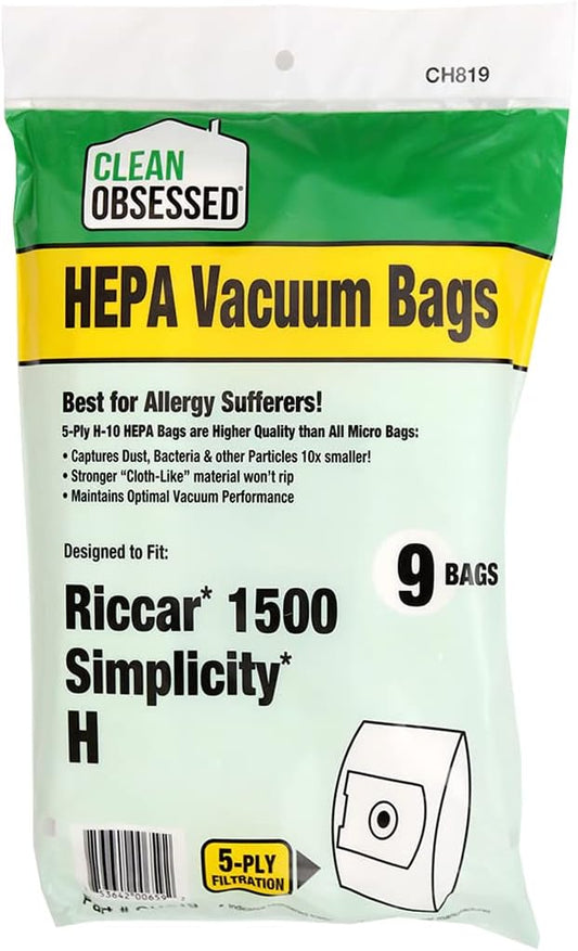 CLEAN OBSESSED H-10 HEPA VACUUM BAGS FITS RICCAR MODEL 1500 & SIMPLICITY TYPE H, PACK OF 9