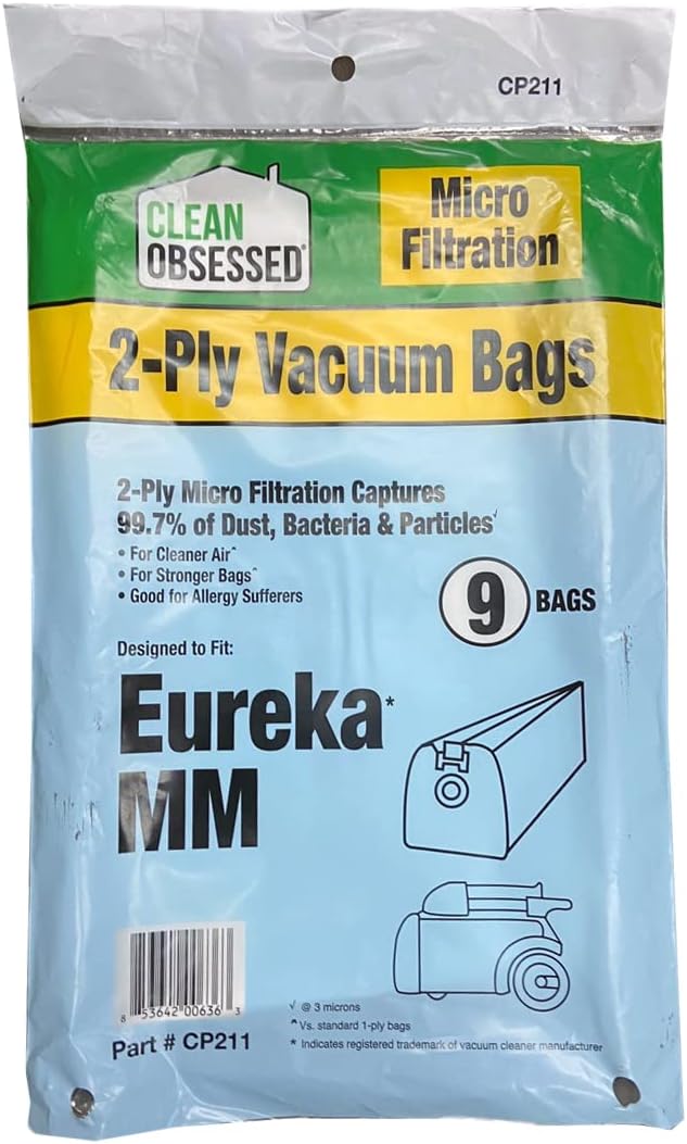 CLEAN OBSESSED REPLACEMENT 2-PLY MICRO FILTRATION VACUUM BAGS FOR EUREKA MM, PACK OF 9