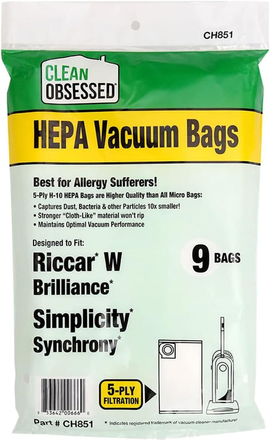 CLEAN OBSESSED H-10 HEPA VACUUM BAGS FITS RICCAR BRILLIANCE TYPE W & SIMPLICITY SYNCHRONY MODELS, PACK OF 9