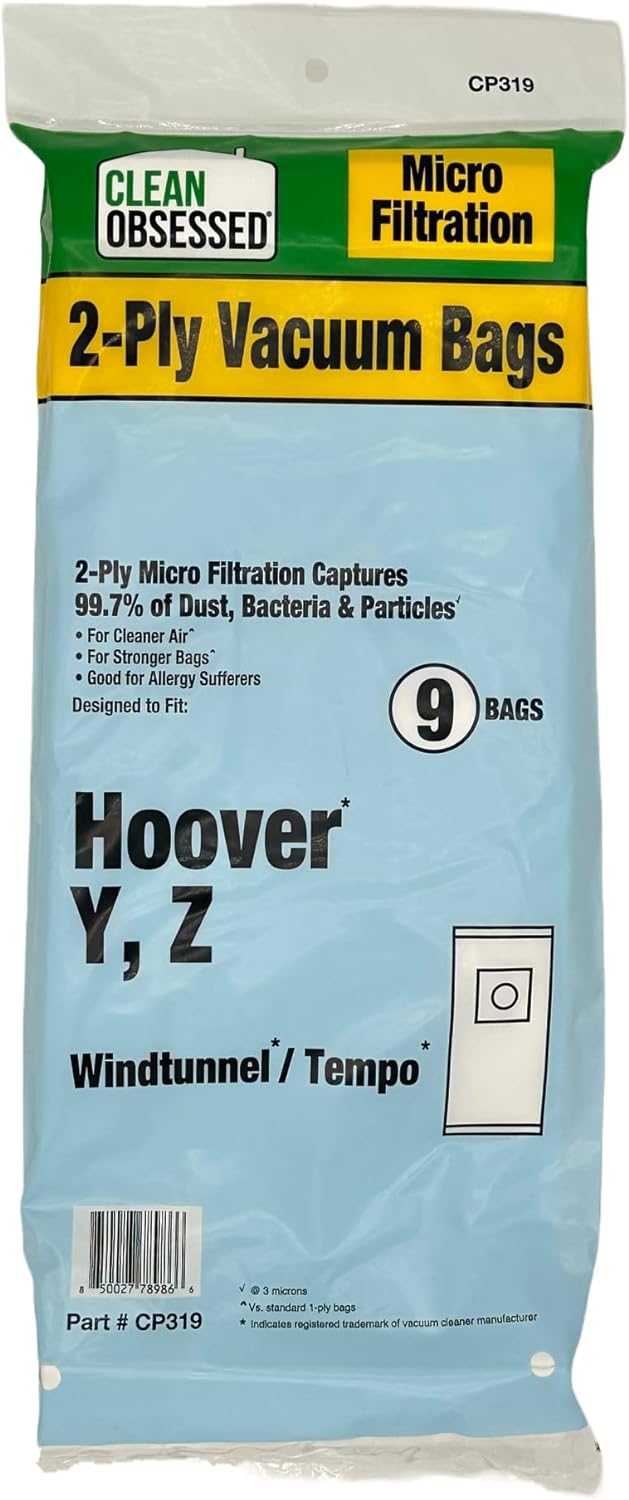 CLEAN OBSESSED REPLACEMENT MICRO PAPER VACUUM BAGS FOR HOOVER TYPE Y, PACK OF 9