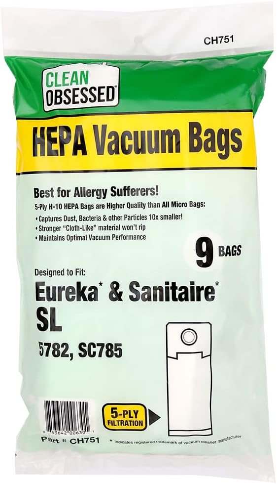 CLEAN OBSESSED H-10 HEPA VACUUM BAGS FITS EUREKA & SANITAIRE SL 5782, SC785, PACK OF 9