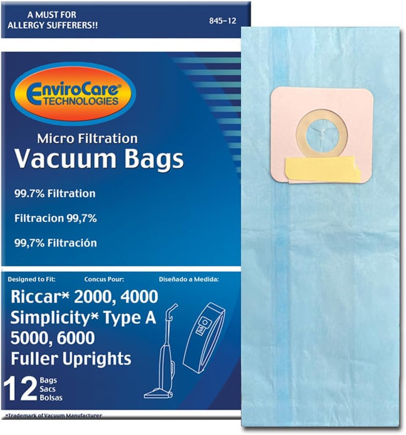 ENVIROCARE MICRO FILTRATION VACUUM CLEANER DUST BAGS MADE TO FIT RICCAR 2000, 4000 AND VIBRANCE SERIES. SIMPLICITY 5000, 6000 AND SYMMETRY TYPE A, PACK OF 12