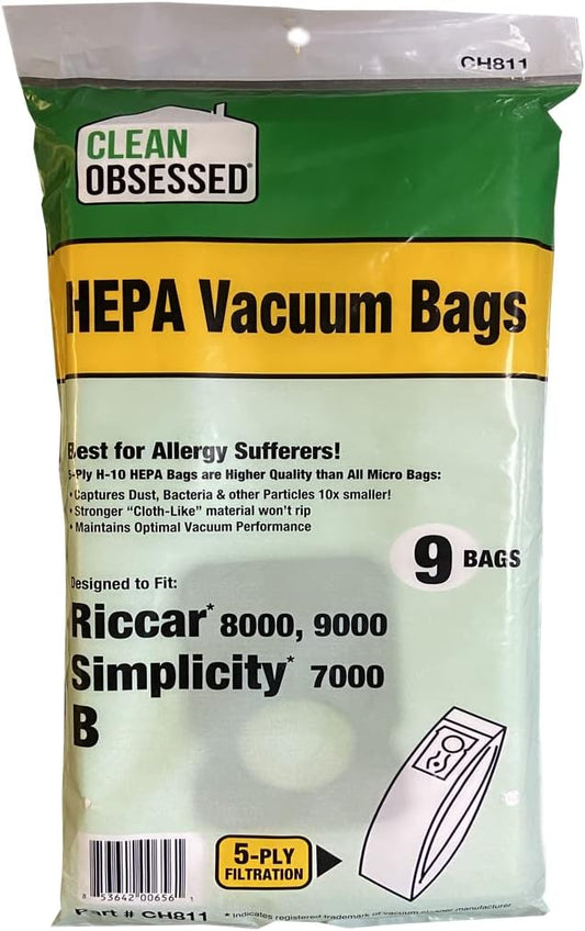 CLEAN OBSESSED H-10 HEPA VACUUM BAGS FITS RICCAR 8000, 9000 & SIMPLICITY 7000 TYPE B, PACK OF 9