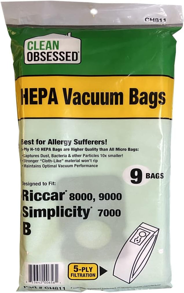 CLEAN OBSESSED H-10 HEPA BAGS FITS RICCAR 8000, 9000 & SIMPLICITY 7000 TYPE B, PACK OF 9