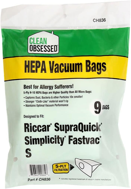 CLEAN OBSESSED H-10 HEPA VACUUM BAGS FITS RICCAR SUPRAQUIK & SIMPLICITY FASTVAC TYPE S, PACK OF 9