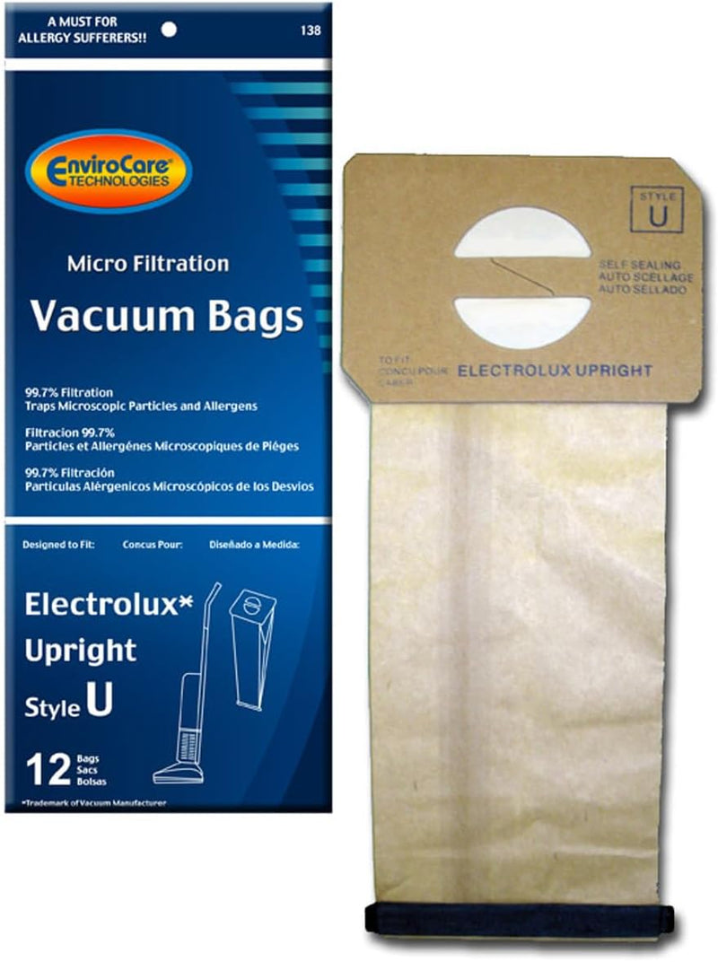 ENVIROCARE MICRO FILTRATION VACUUM CLEANER DUST BAGS FOR ELECTROLUX UPRIGHT STYLE U AND PROTEAM PROLUX, PROCARE & PROFORCE UPRIGHTS, PACK OF 12