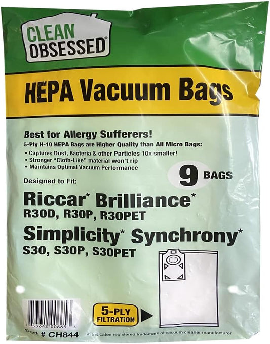 CLEAN OBSESSED H-10 HEPA VACUUM BAGS FITS RICCAR BRILLIANCE R30D, R30P, R30PET & SIMPLICITY SYNCHRONY S30, S30P, S30PET, PACK OF 9